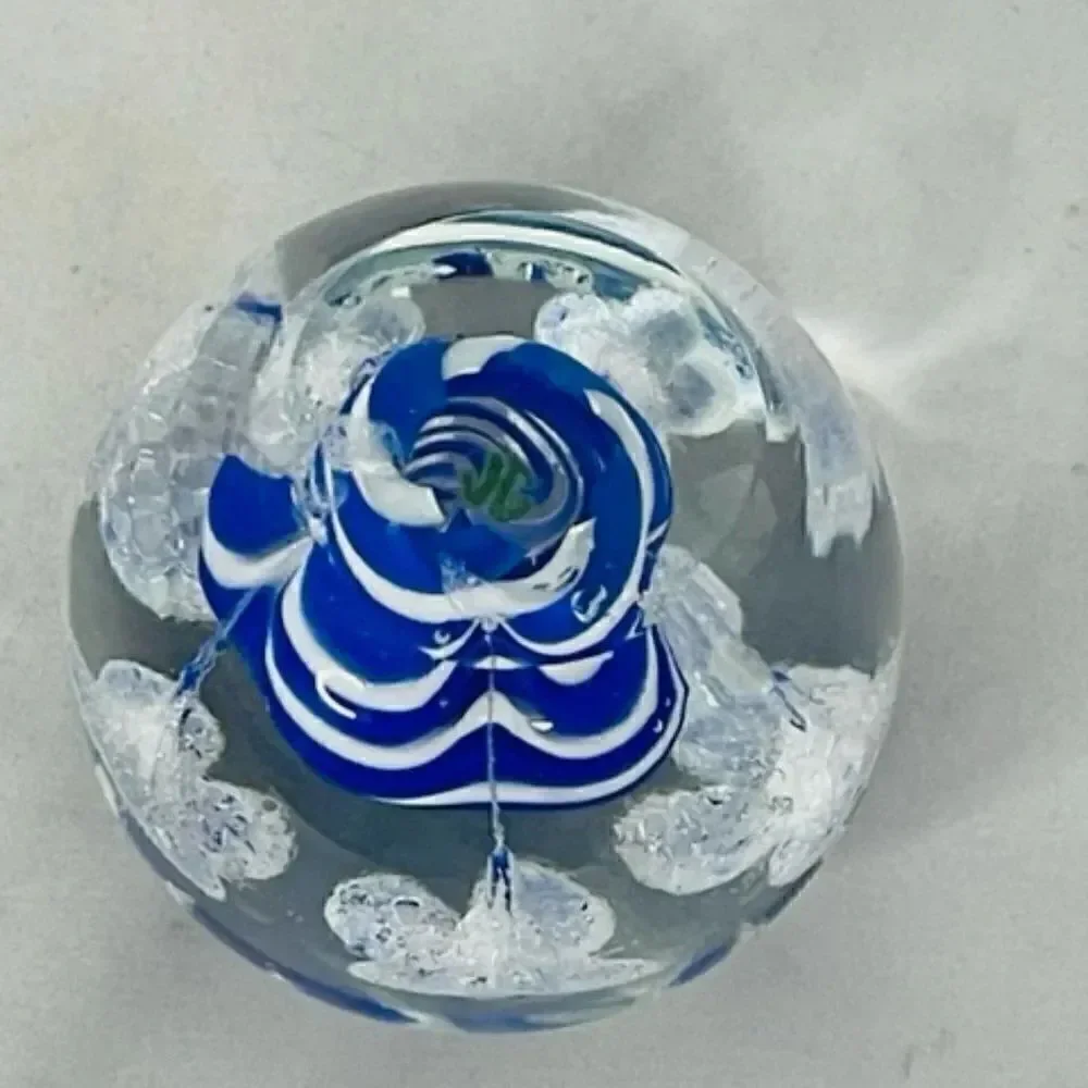 Trumpet Flowers Blue & White Paperweight Swirl 3.5